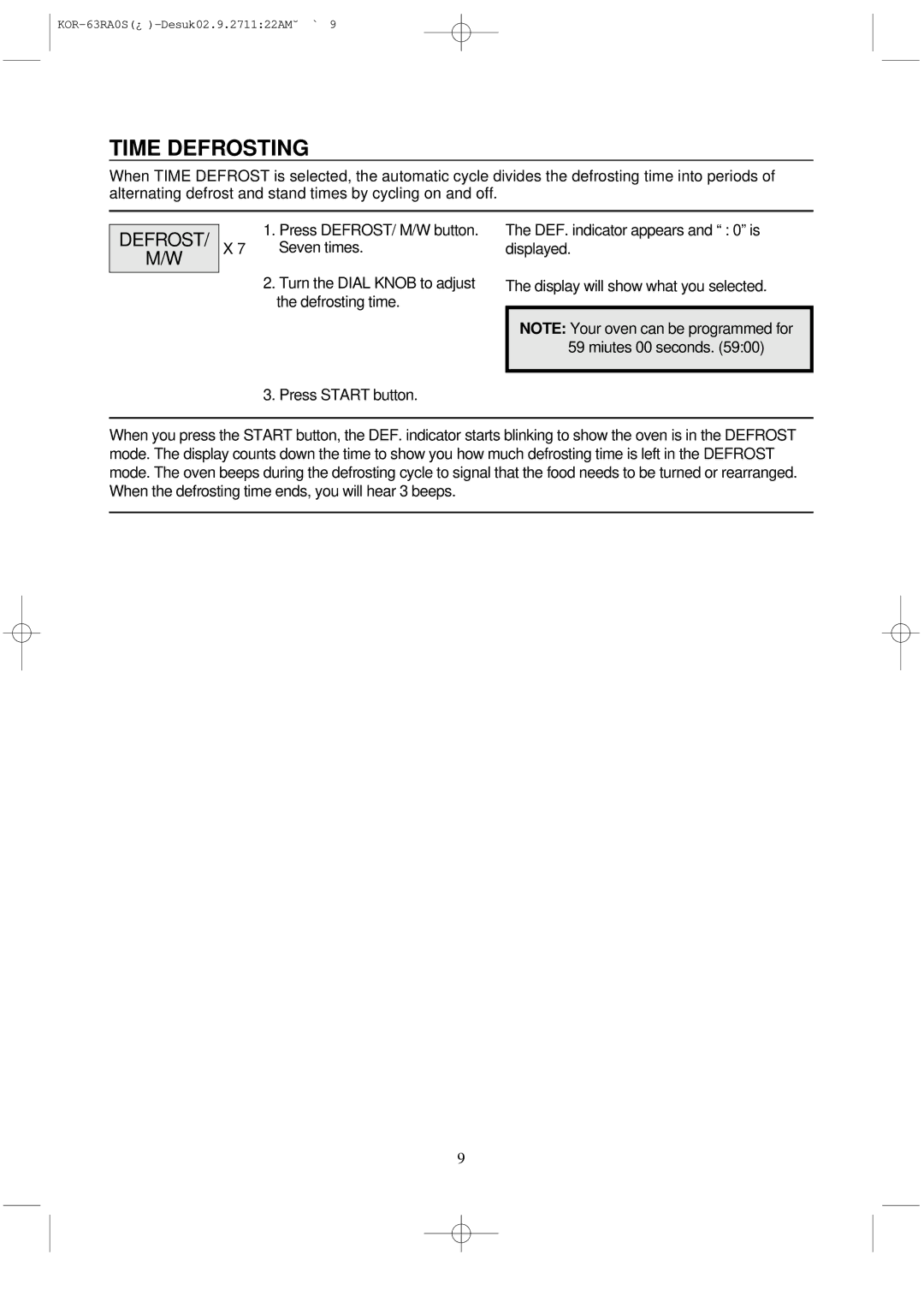 Daewoo KOR-63RA manual Time Defrosting 