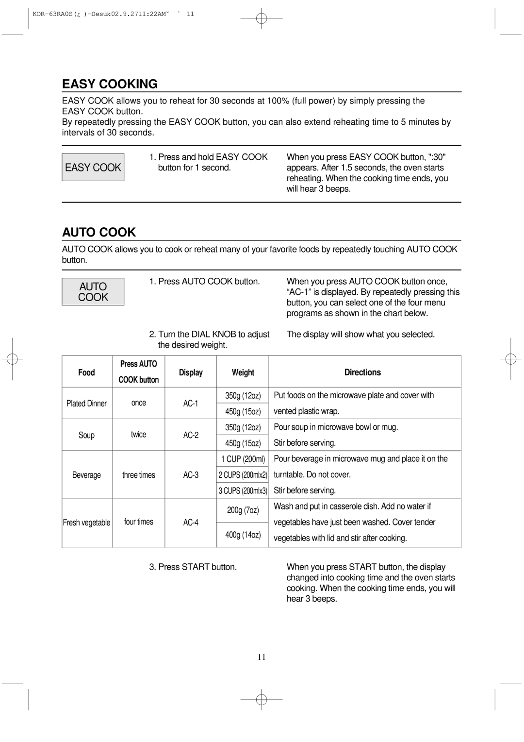 Daewoo KOR-63RA manual Easy Cooking, Auto Cook, Directions 