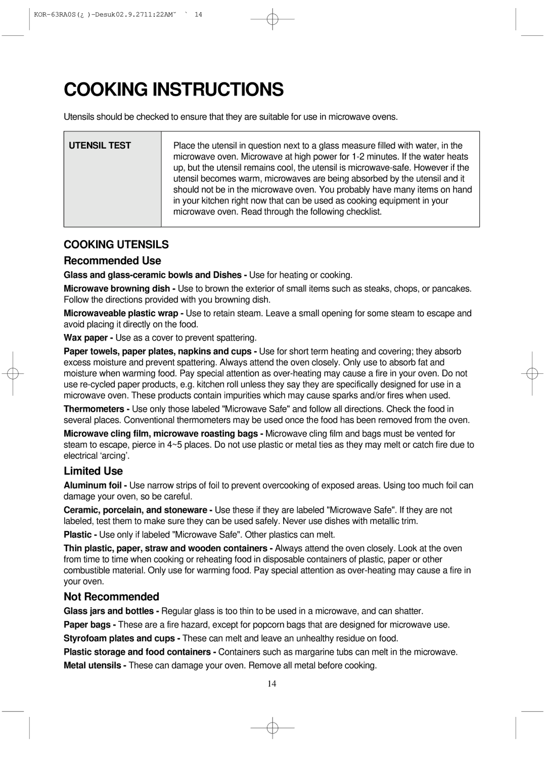 Daewoo KOR-63RA manual Cooking Instructions, Cooking Utensils, Utensil Test 