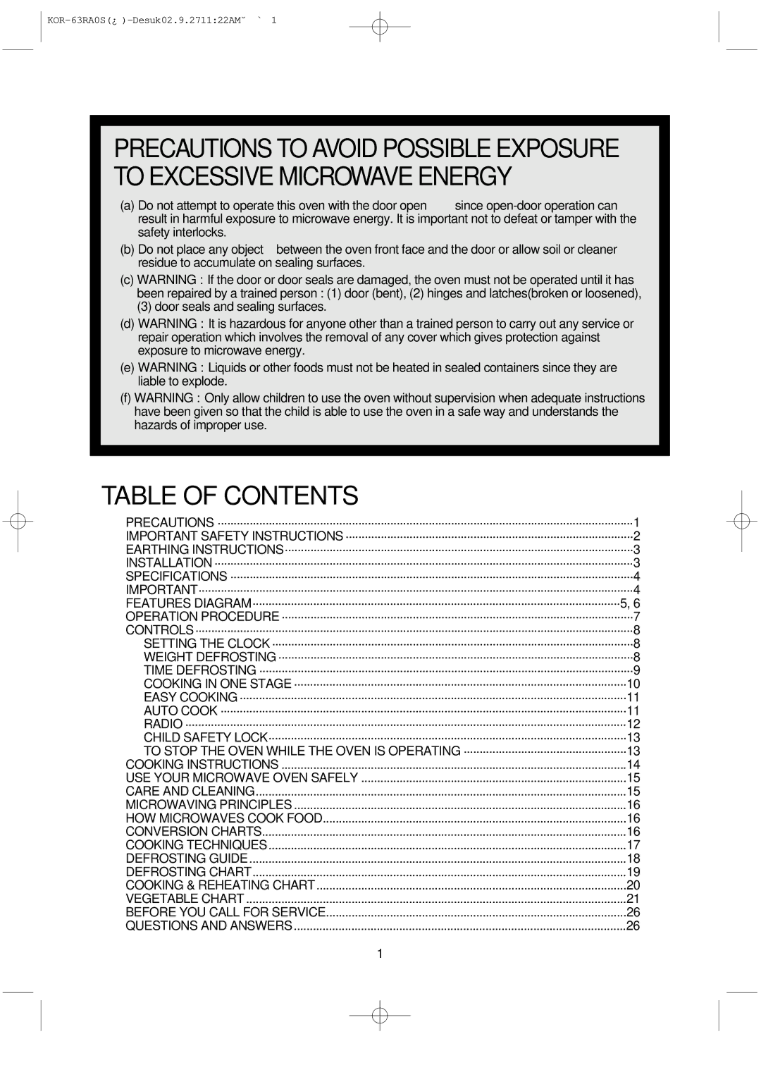 Daewoo KOR-63RA manual Table of Contents 