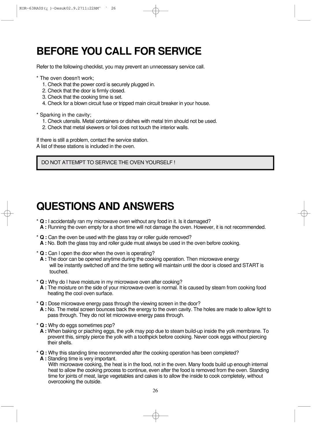 Daewoo KOR-63RA manual Before YOU Call for Service, Questions and Answers 