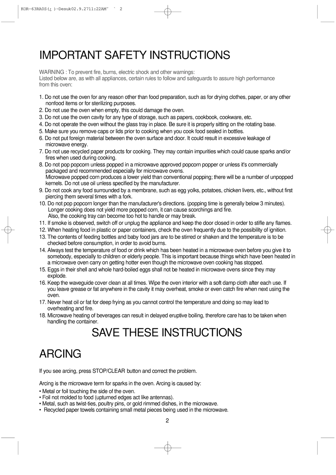 Daewoo KOR-63RA manual Important Safety Instructions, Arcing 