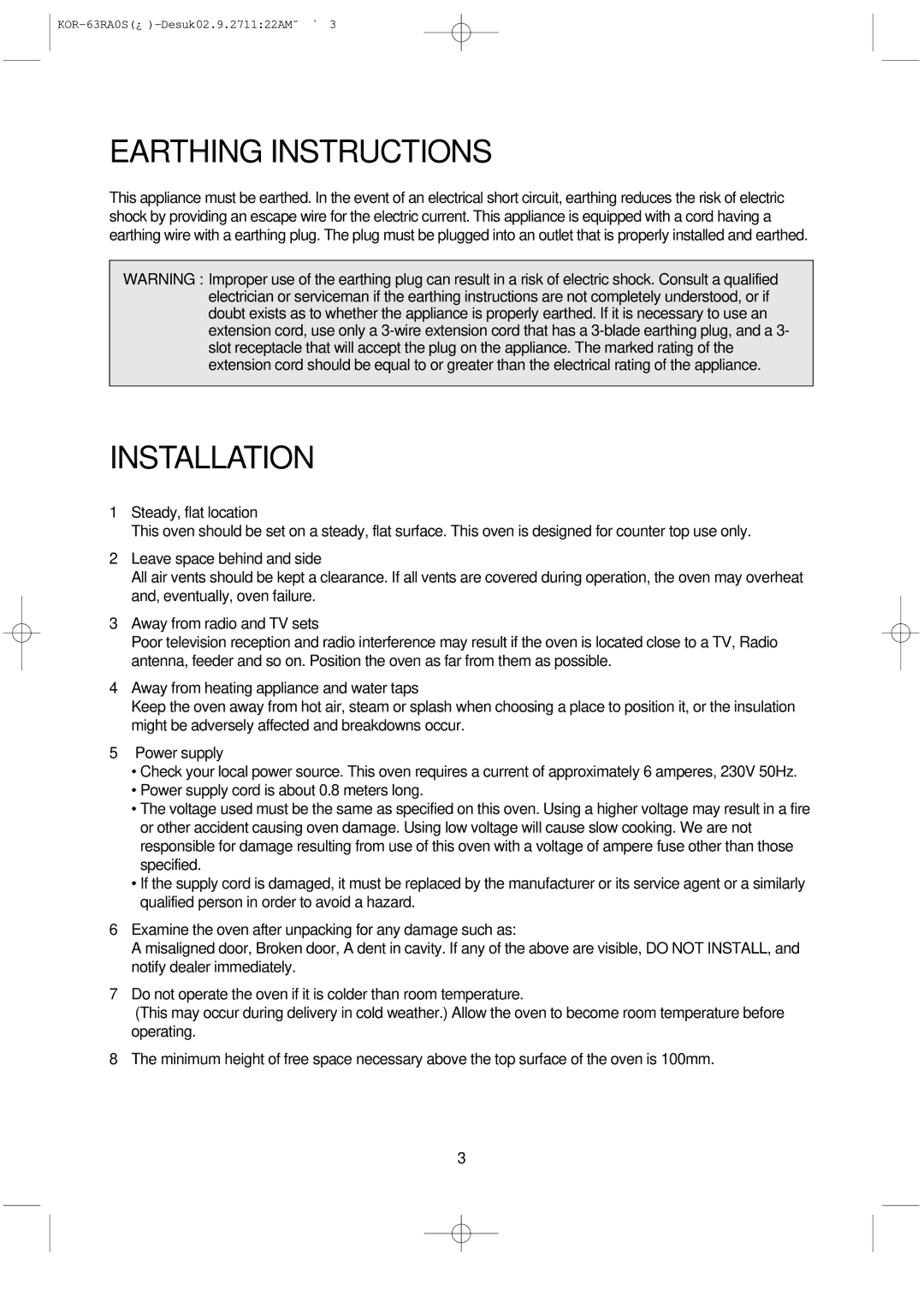 Daewoo KOR-63RA manual Earthing Instructions, Installation 