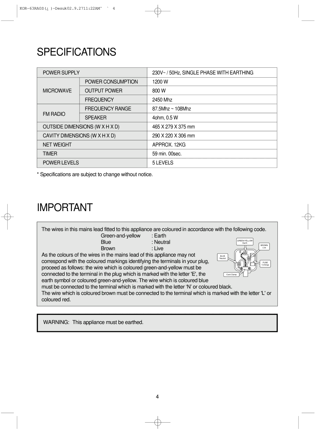 Daewoo KOR-63RA manual Specifications are subject to change without notice 