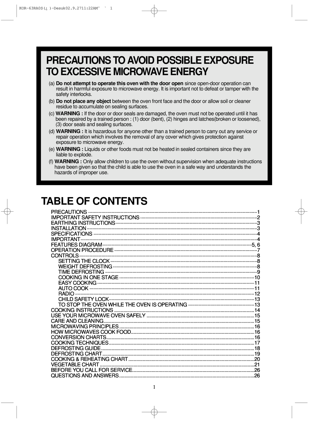Daewoo KOR-63RA manual Table Of Contents 