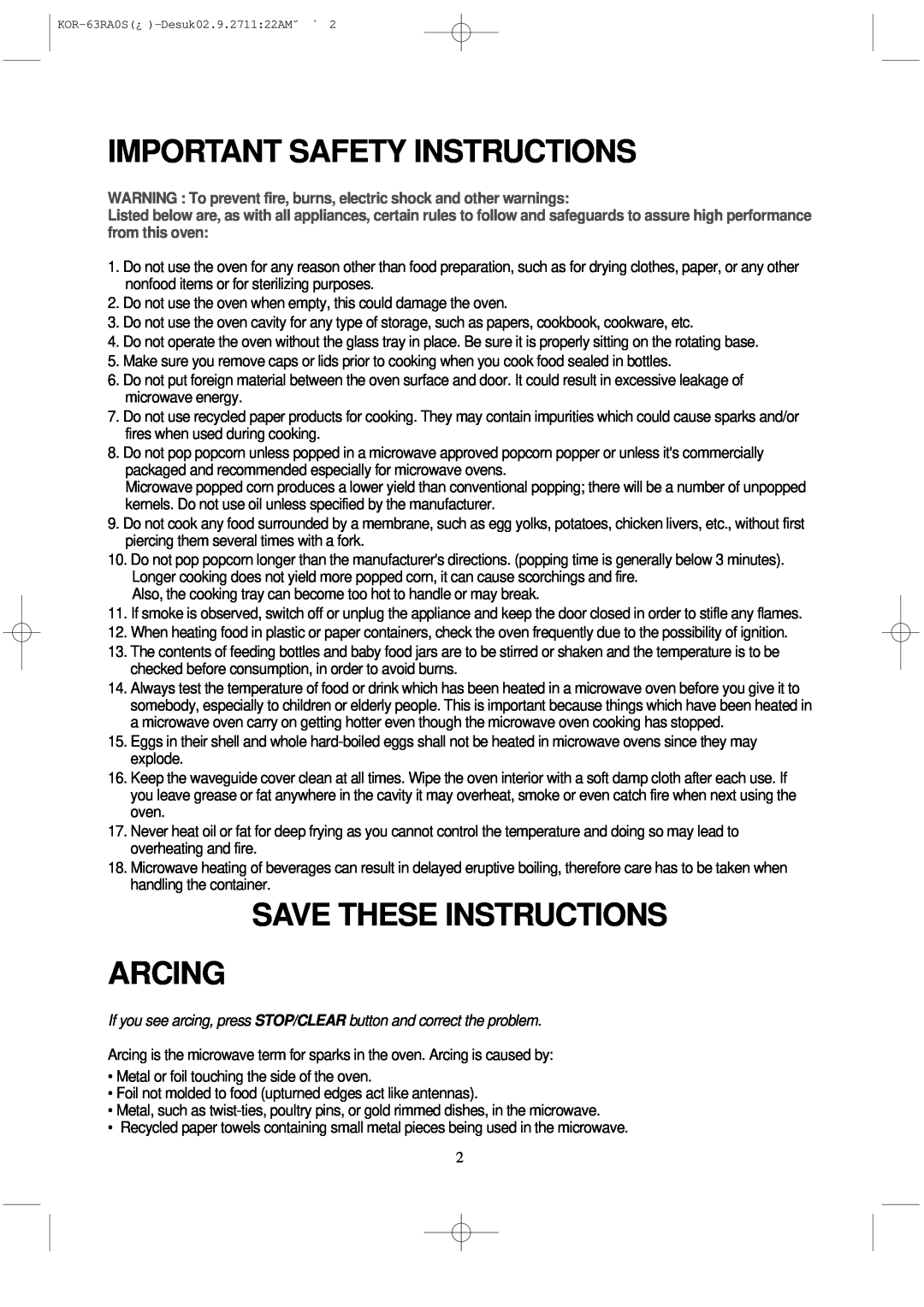 Daewoo KOR-63RA manual Important Safety Instructions, Save These Instructions Arcing 