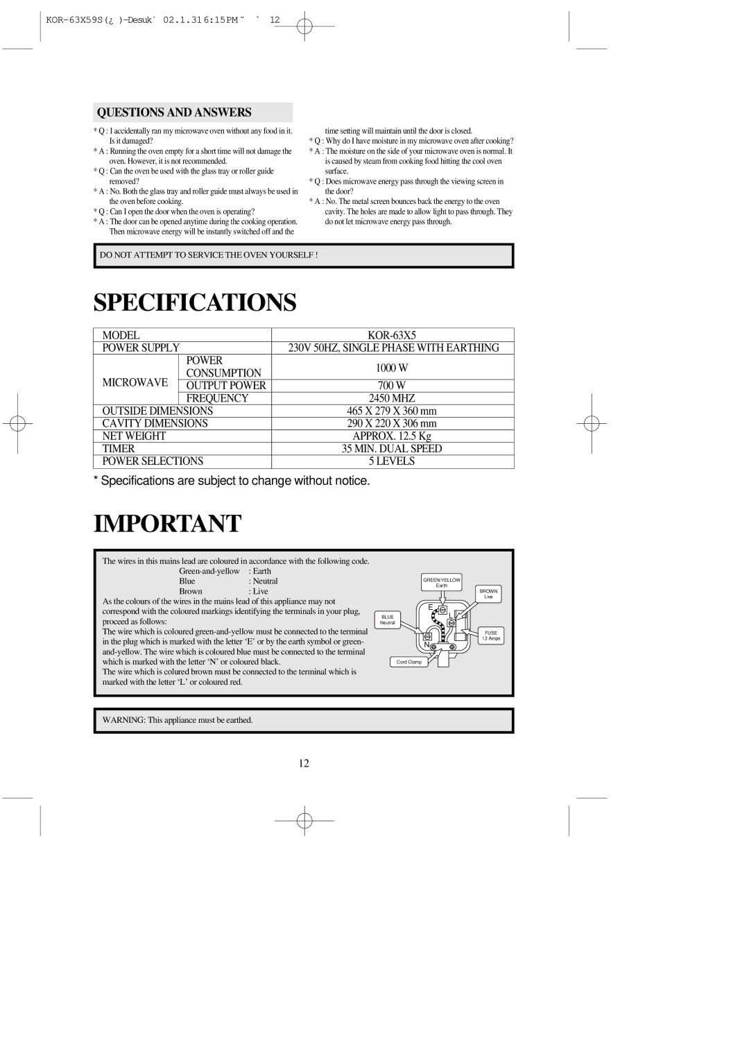 Daewoo KOR-63X5 operating instructions Specifications, Questions and Answers 