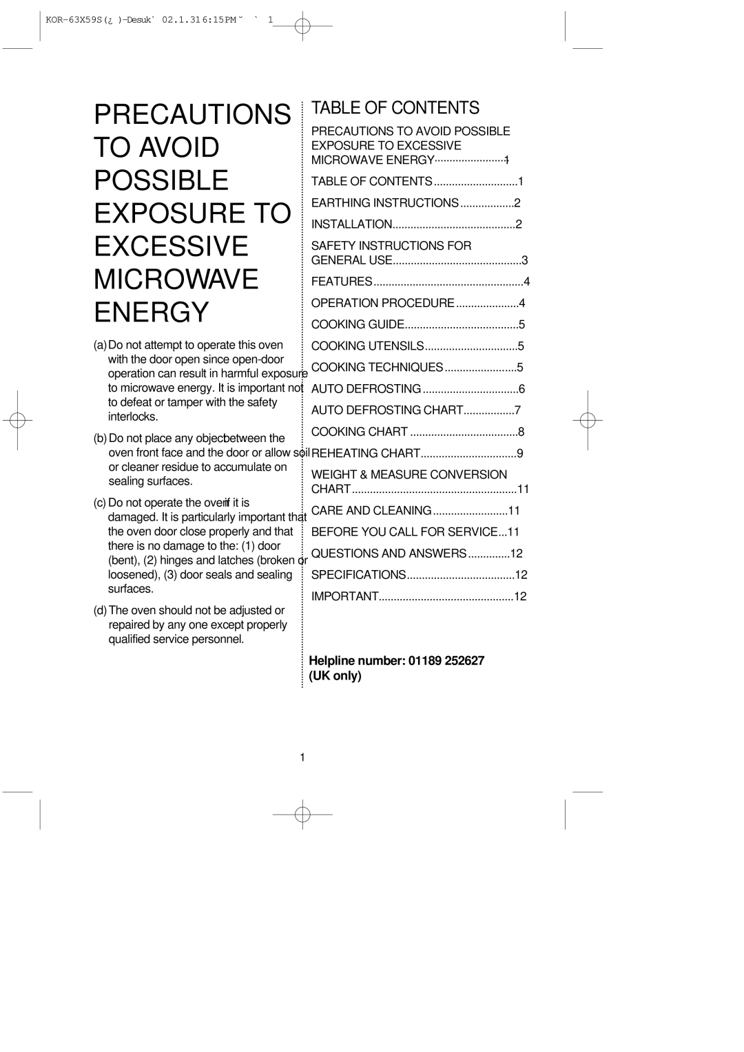 Daewoo KOR-63X5 operating instructions Table of Contents 