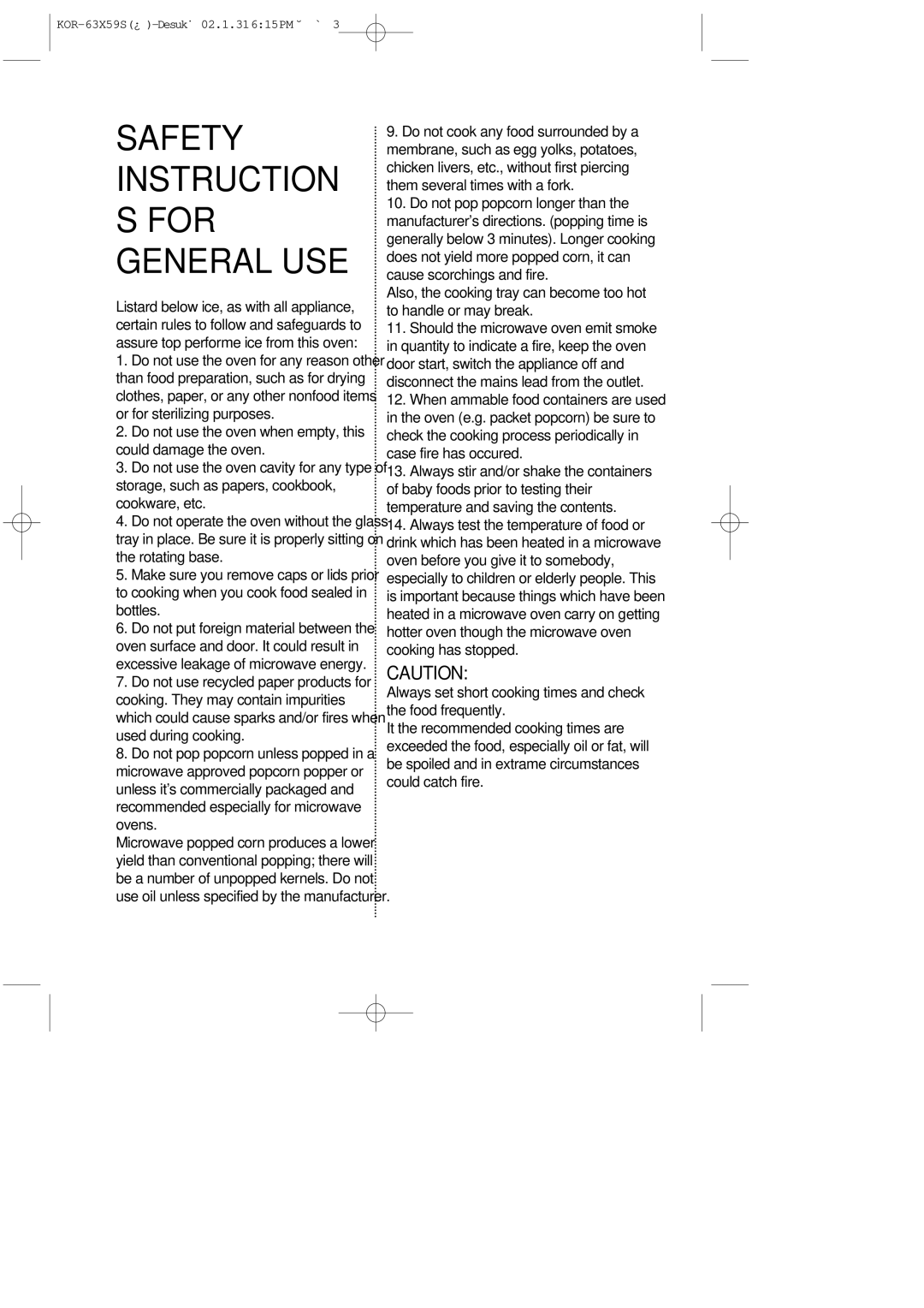 Daewoo KOR-63X5 operating instructions Safety Instruction For General USE 