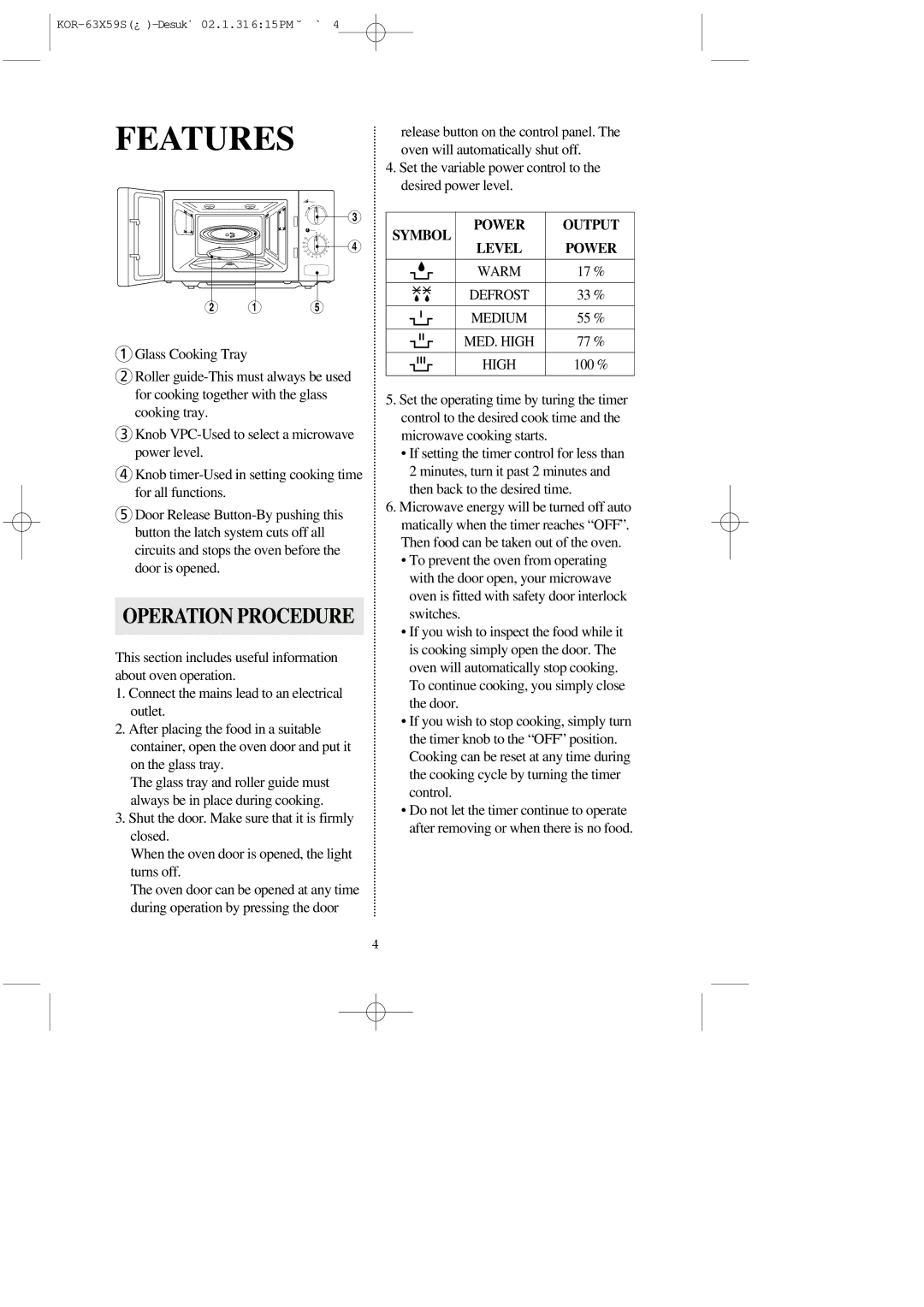 Daewoo KOR-63X5 operating instructions Features, Power Output Level 