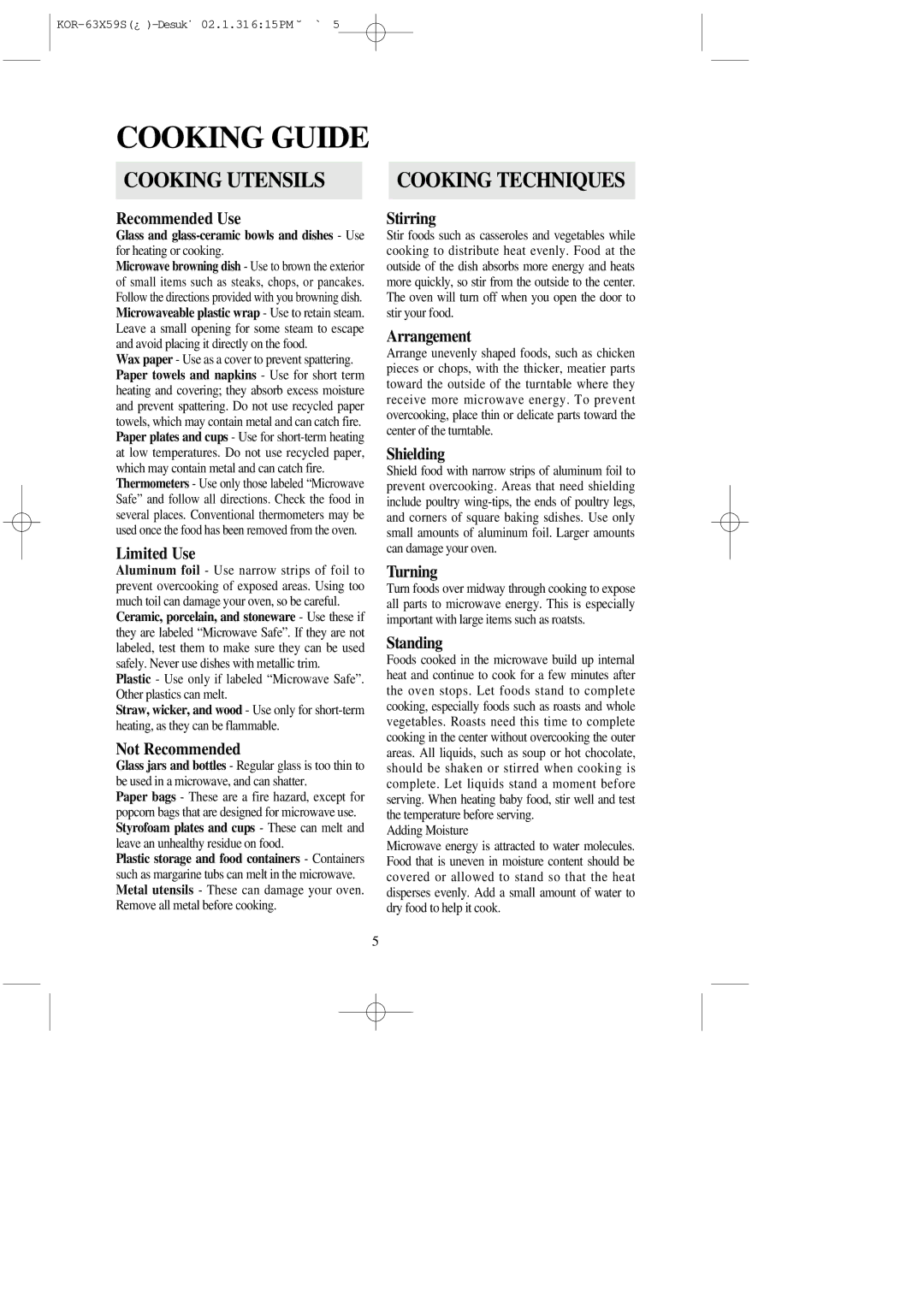 Daewoo KOR-63X5 operating instructions Cooking Guide, Cooking Utensils 