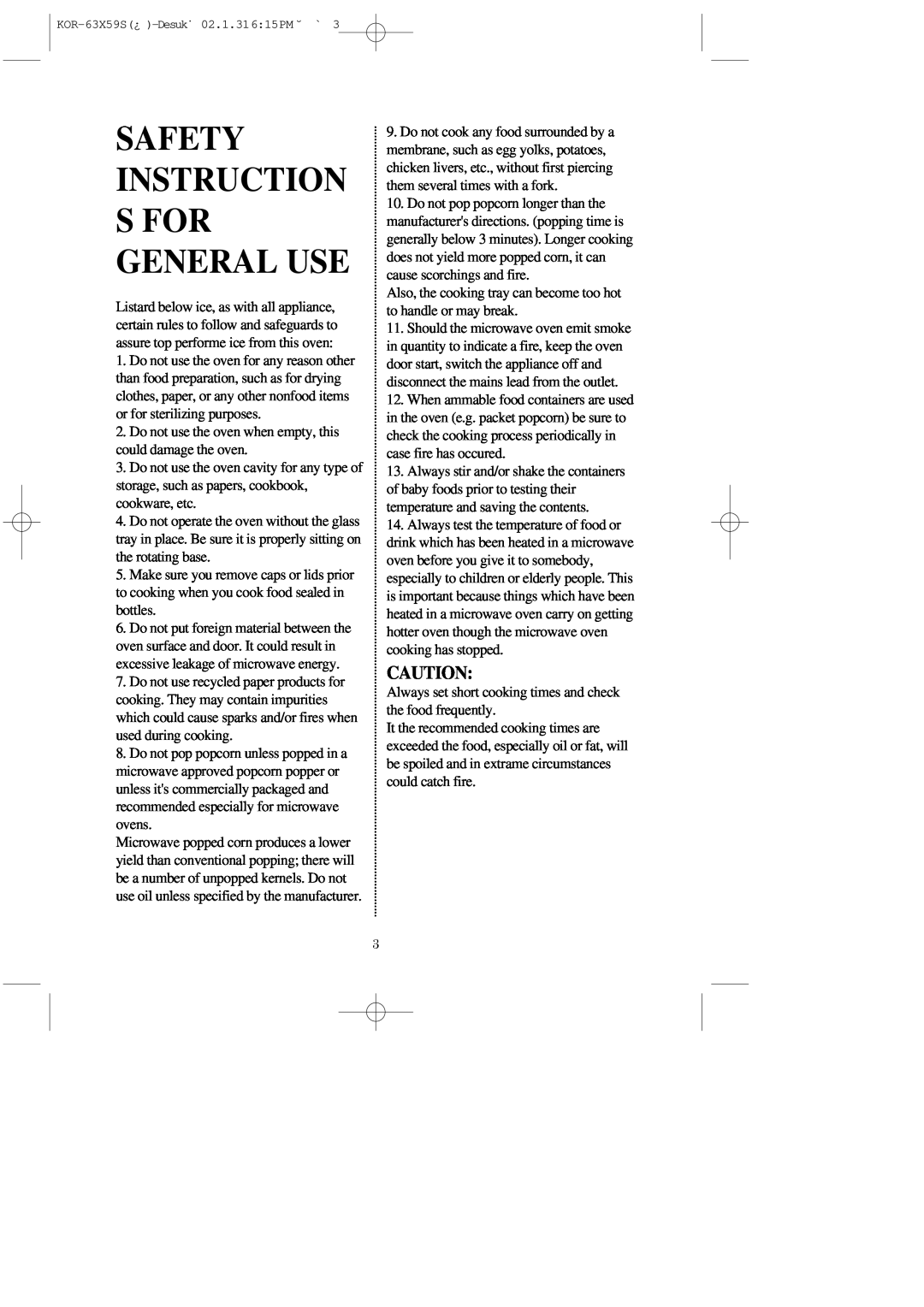 Daewoo KOR-63X5 operating instructions Safety Instruction Sfor General Use 