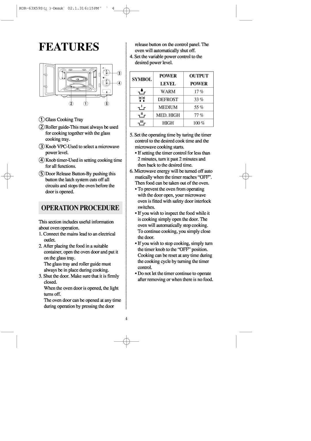 Daewoo KOR-63X5 operating instructions Features, Operation Procedure 