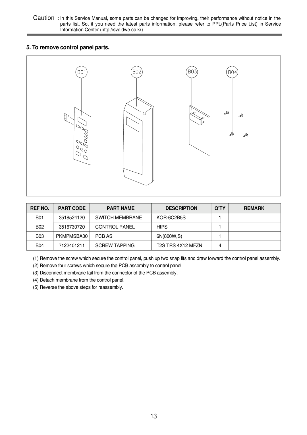 Daewoo KOR-6Q2B5S service manual To remove control panel parts, Switch Membrane KOR-6C2B5S, Control Panel Hips, Pcb As 