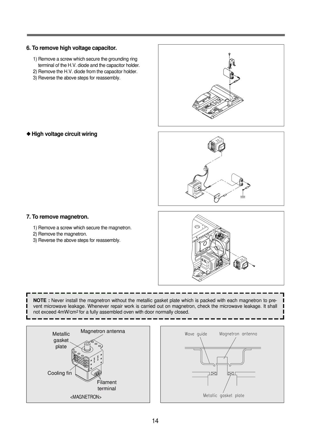 Daewoo KOR-6Q2B5S To remove high voltage capacitor, High voltage circuit wiring To remove magnetron, Magnetron 