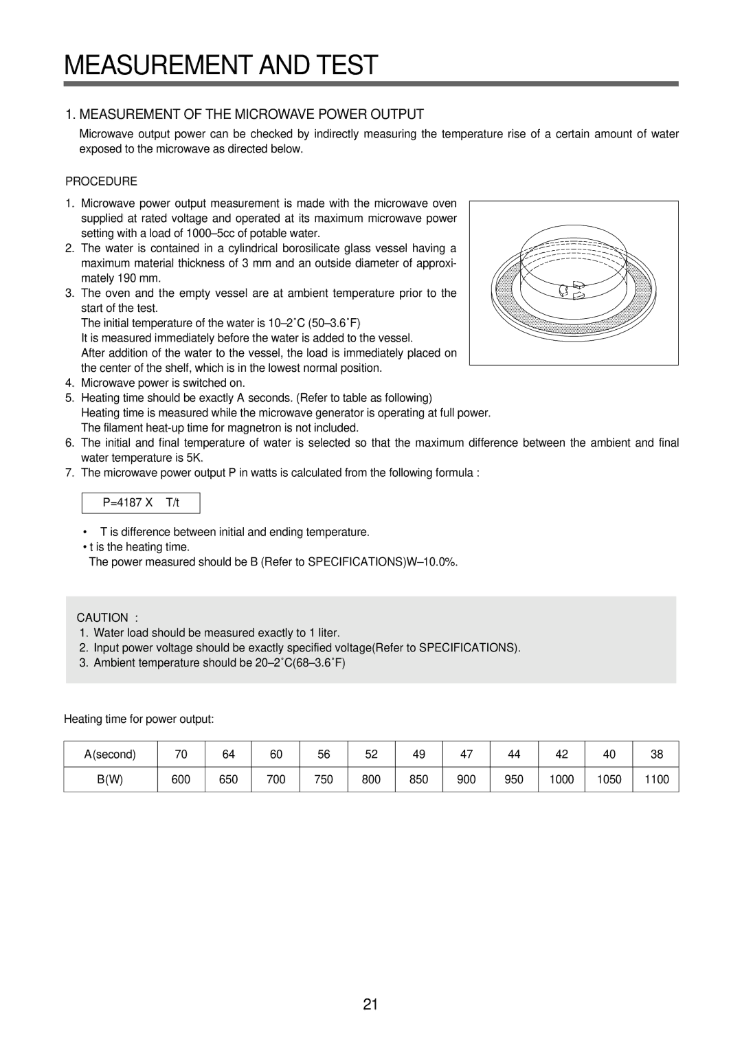 Daewoo KOR-6Q2B5S service manual Measurement and Test, Measurement of the Microwave Power Output, Procedure 