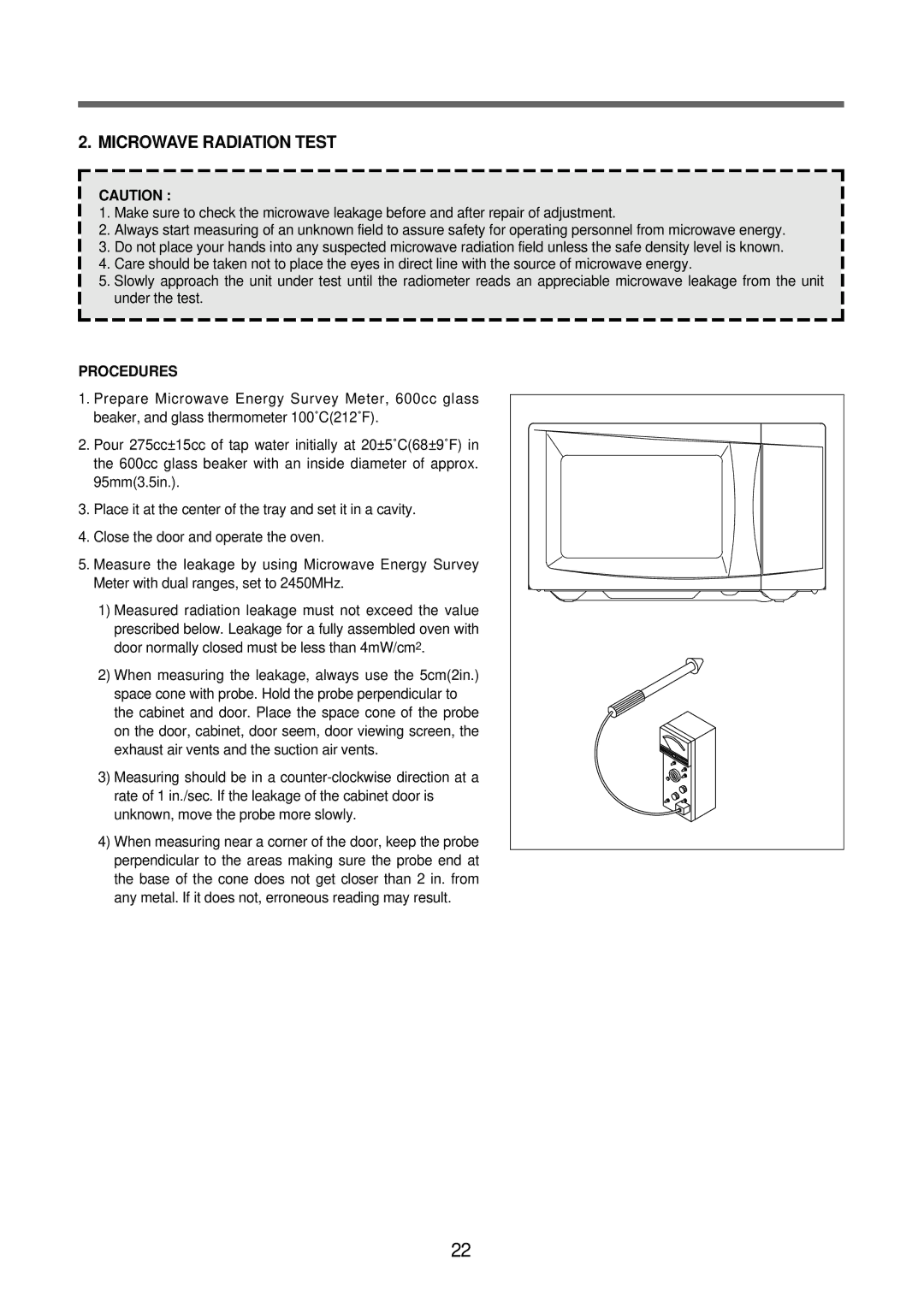 Daewoo KOR-6Q2B5S service manual Microwave Radiation Test, Procedures 