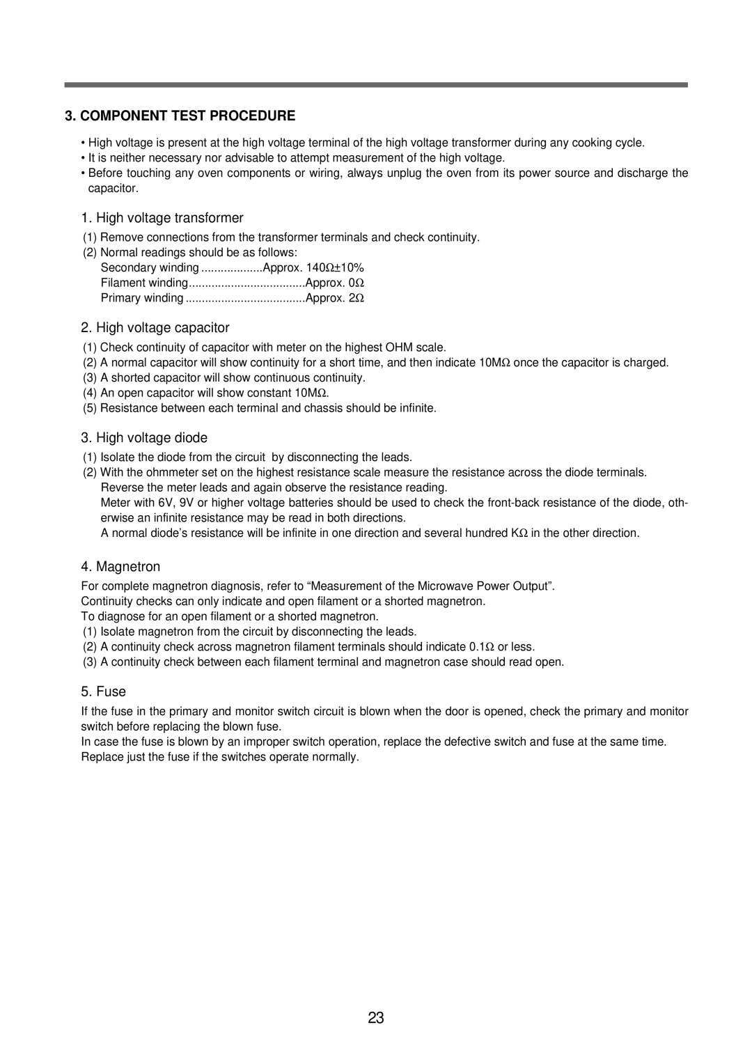 Daewoo KOR-6Q2B5S service manual Component Test Procedure, High voltage transformer 