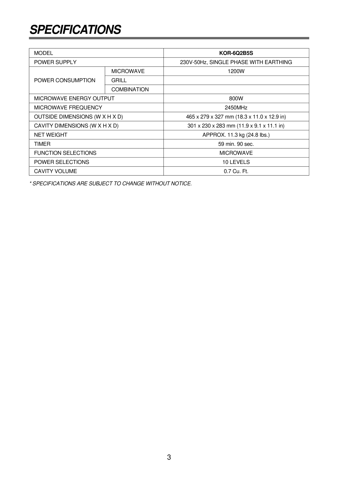 Daewoo KOR-6Q2B5S service manual Specifications 