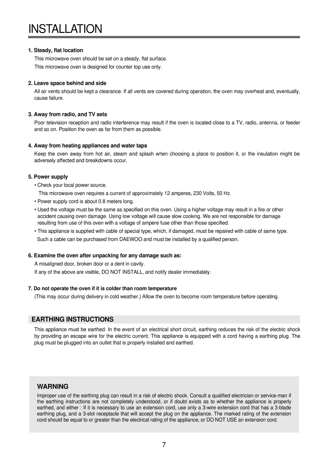 Daewoo KOR-6Q2B5S service manual Installation, Steady, flat location 