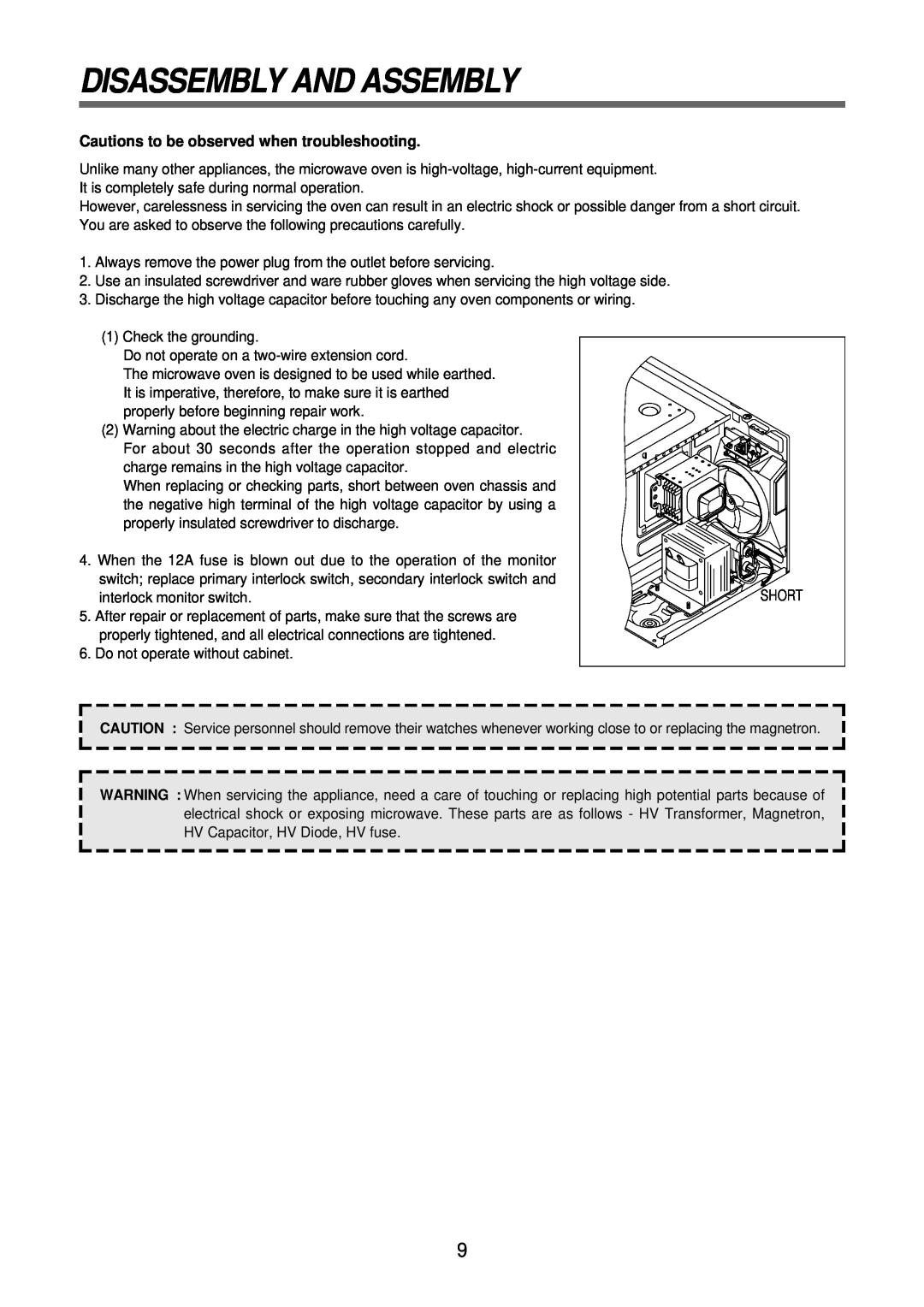 Daewoo KOR-6Q2B5S service manual Disassembly And Assembly, Cautions to be observed when troubleshooting 