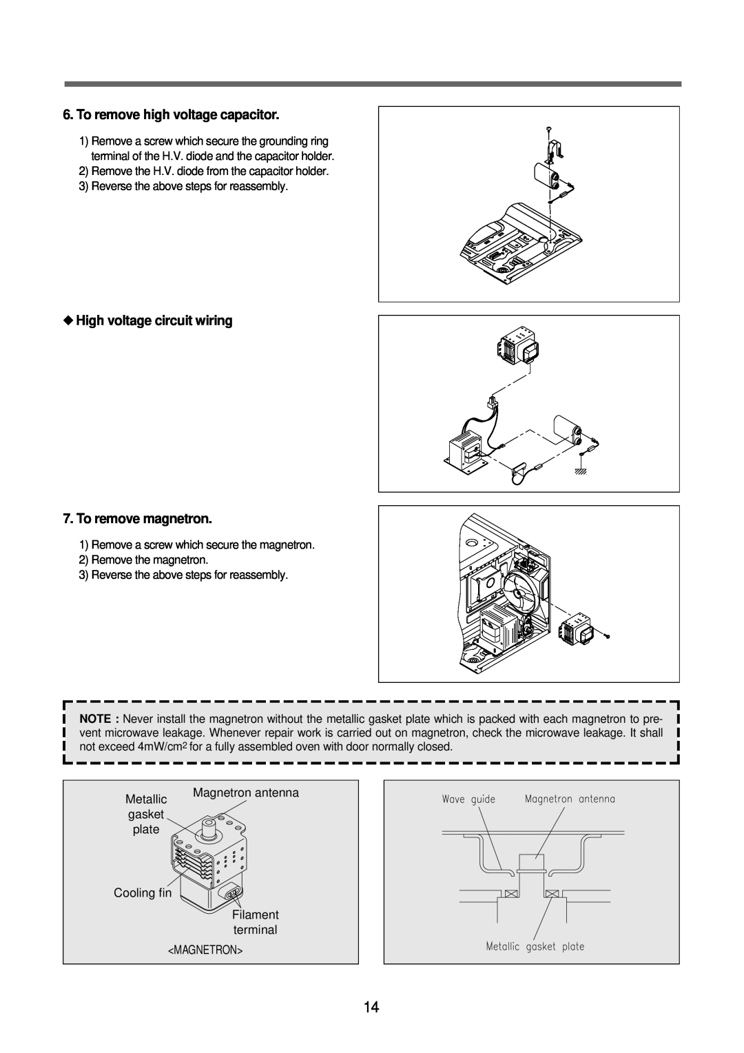 Daewoo KOR-6Q2B5S service manual To remove high voltage capacitor, High voltage circuit wiring 7. To remove magnetron 