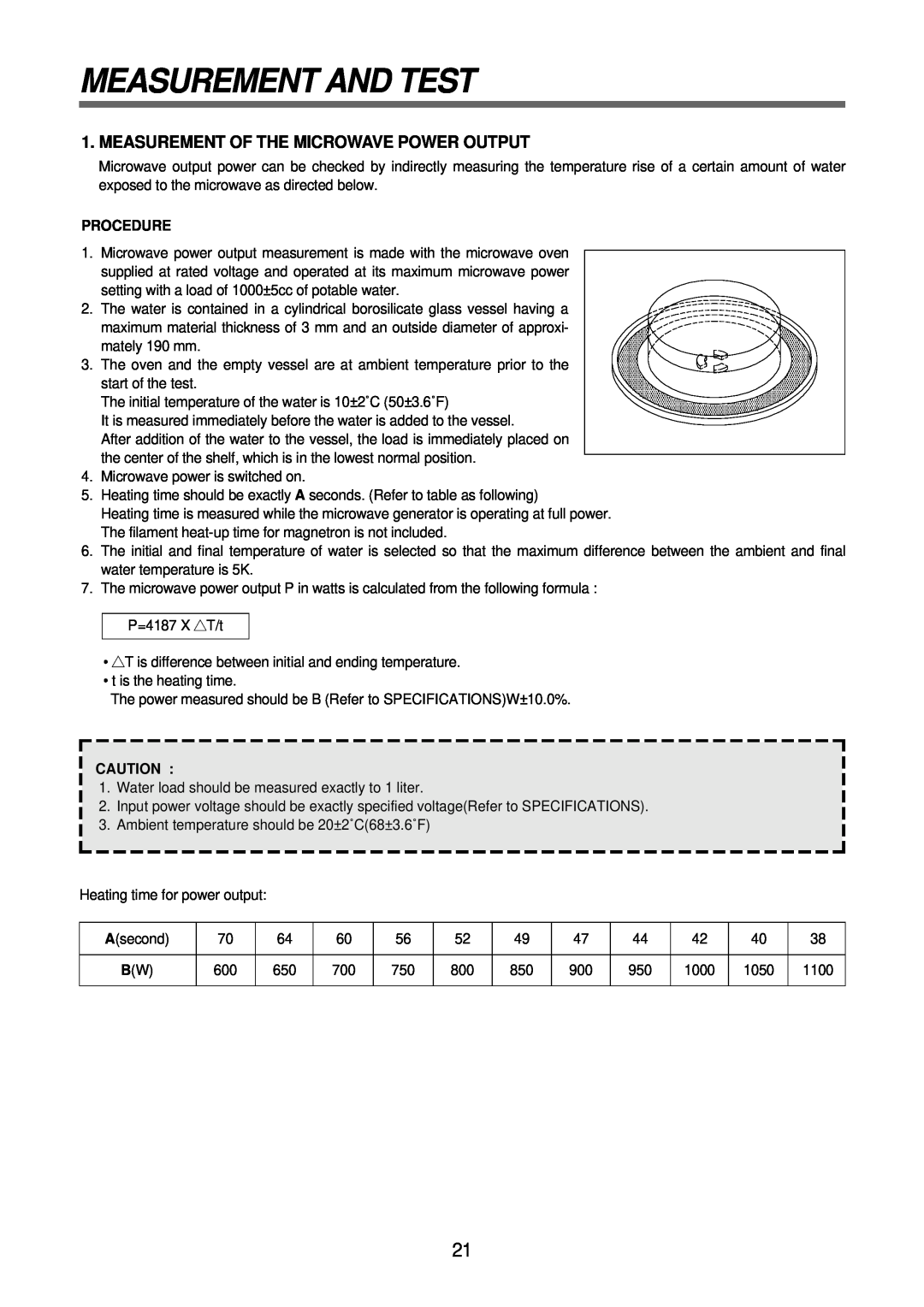 Daewoo KOR-6Q2B5S service manual Measurement And Test, Measurement Of The Microwave Power Output, Procedure 