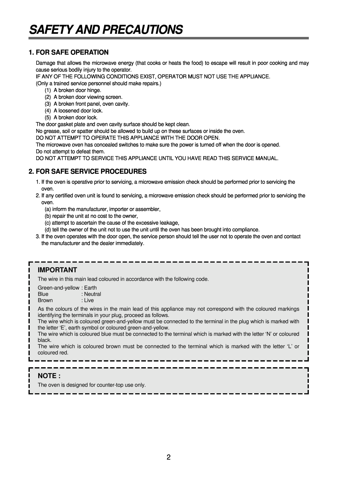 Daewoo KOR-6Q2B5S service manual Safety And Precautions, For Safe Operation, For Safe Service Procedures 
