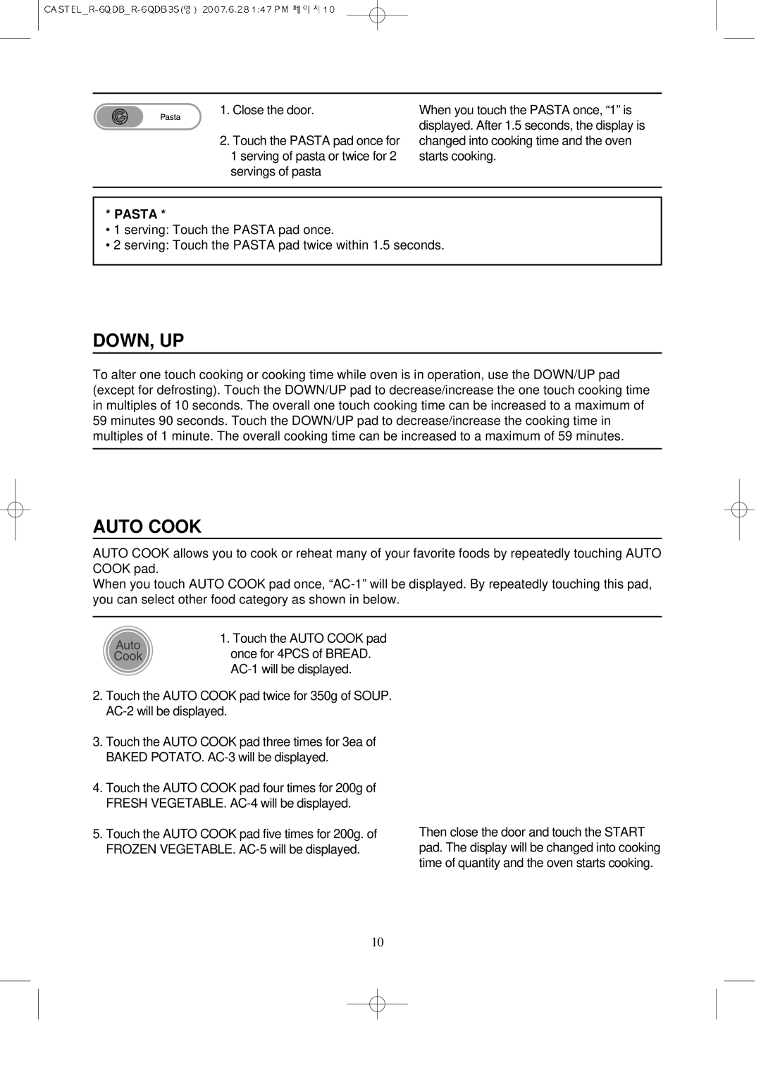 Daewoo KOR-6QDB manual Down, Up, Auto Cook 