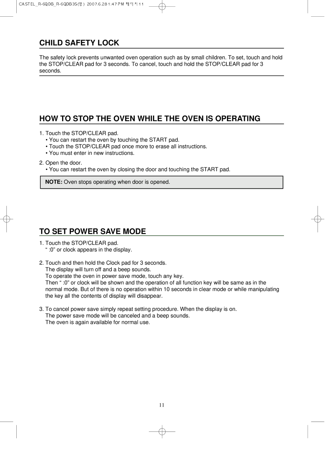 Daewoo KOR-6QDB manual Child Safety Lock, HOW to Stop the Oven While the Oven is Operating, To SET Power Save Mode 