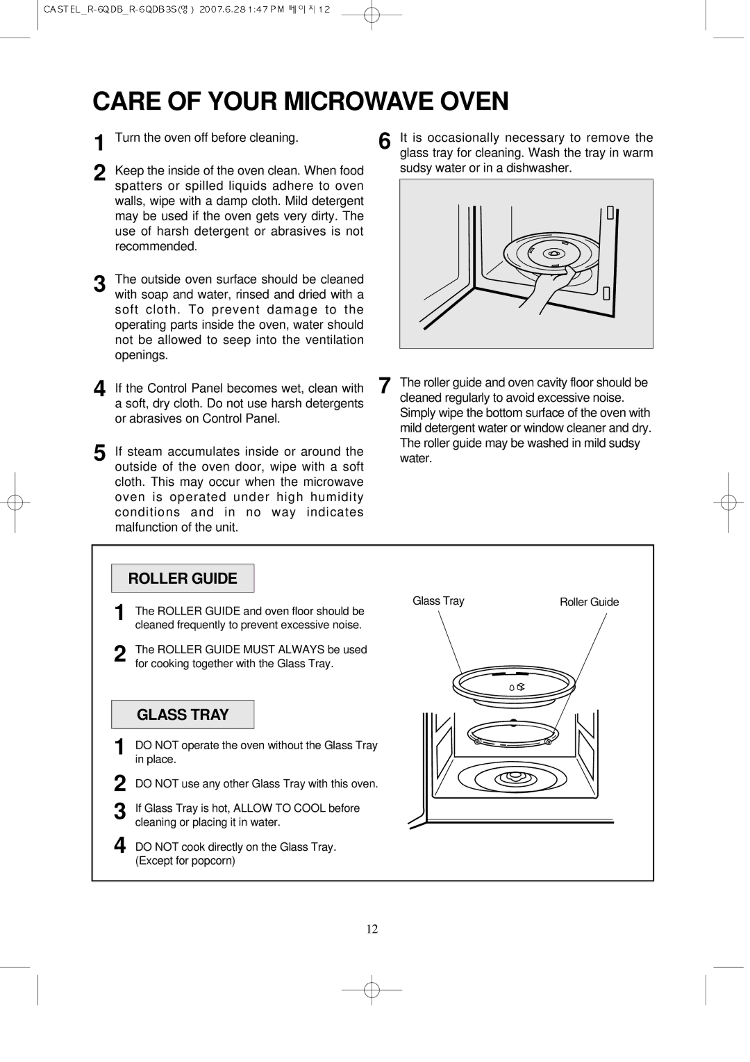 Daewoo KOR-6QDB manual Care of Your Microwave Oven, Roller Guide, Glass Tray 