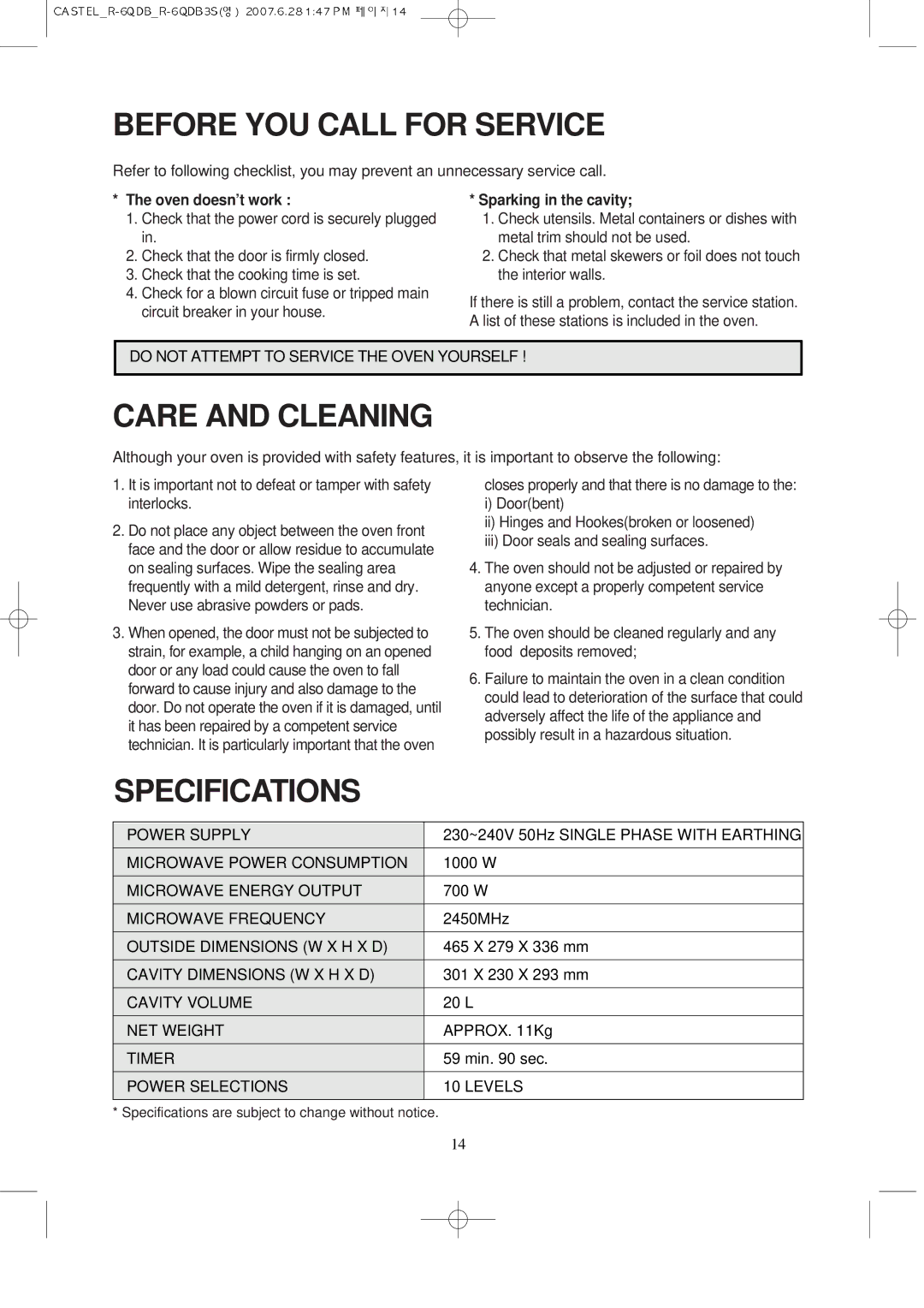 Daewoo KOR-6QDB manual Before YOU Call for Service 