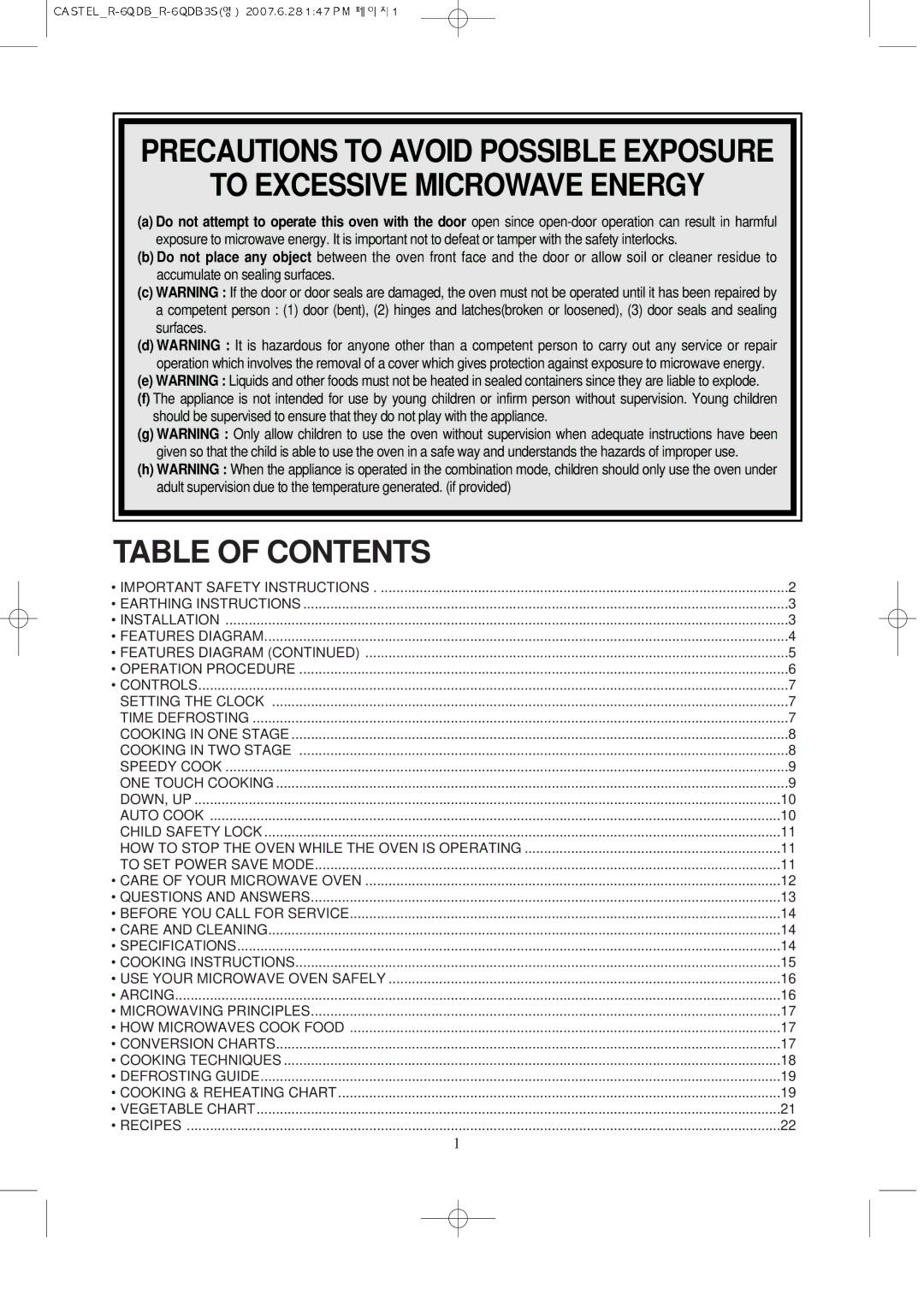 Daewoo KOR-6QDB manual Table of Contents 