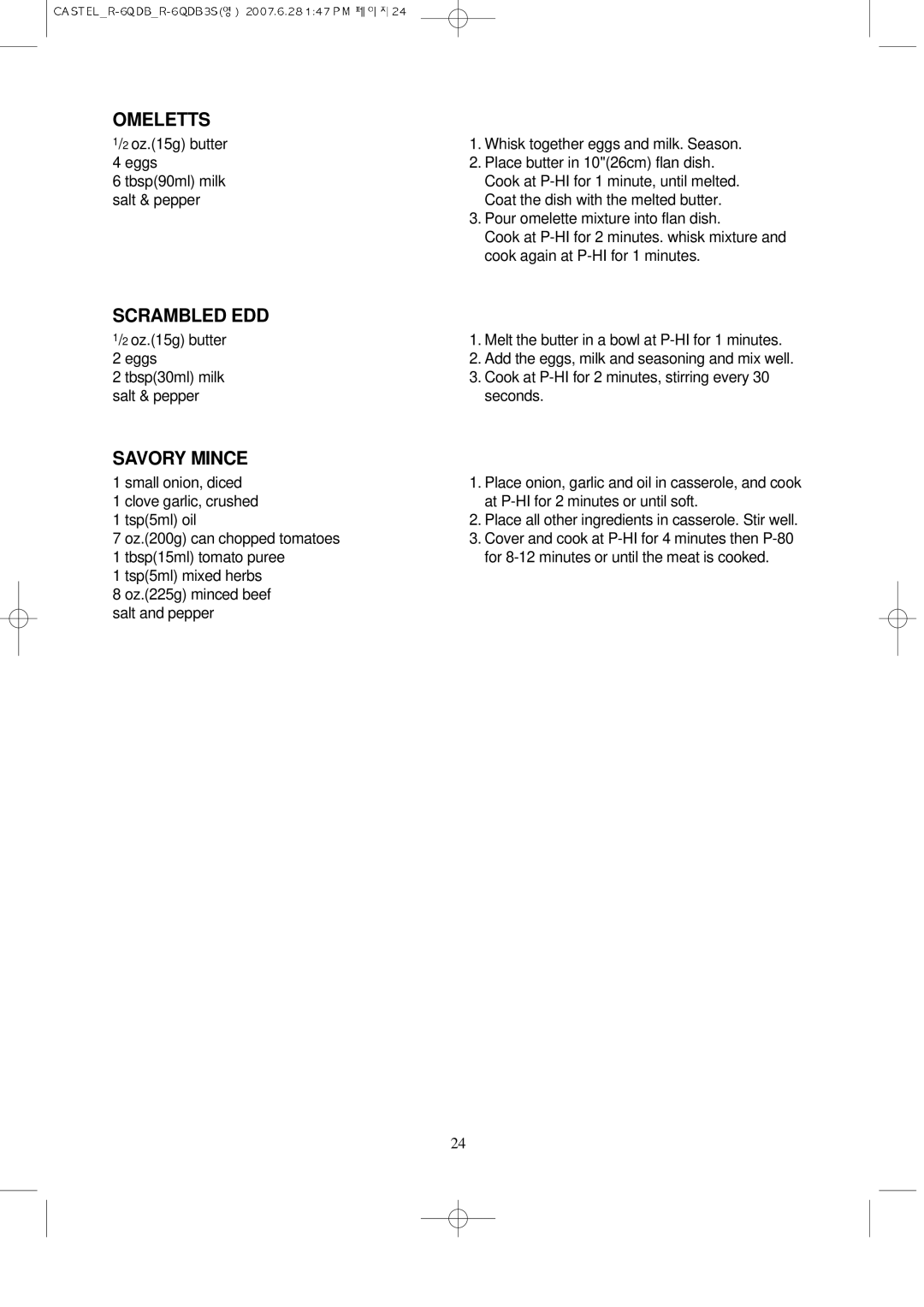 Daewoo KOR-6QDB manual Omeletts, Scrambled EDD, Savory Mince 