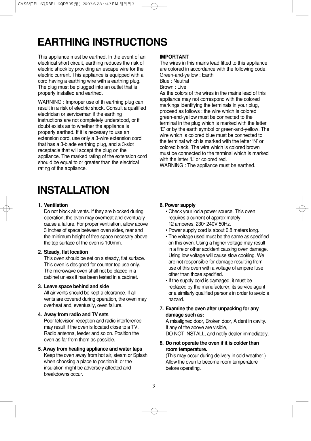 Daewoo KOR-6QDB manual Earthing Instructions, Installation 