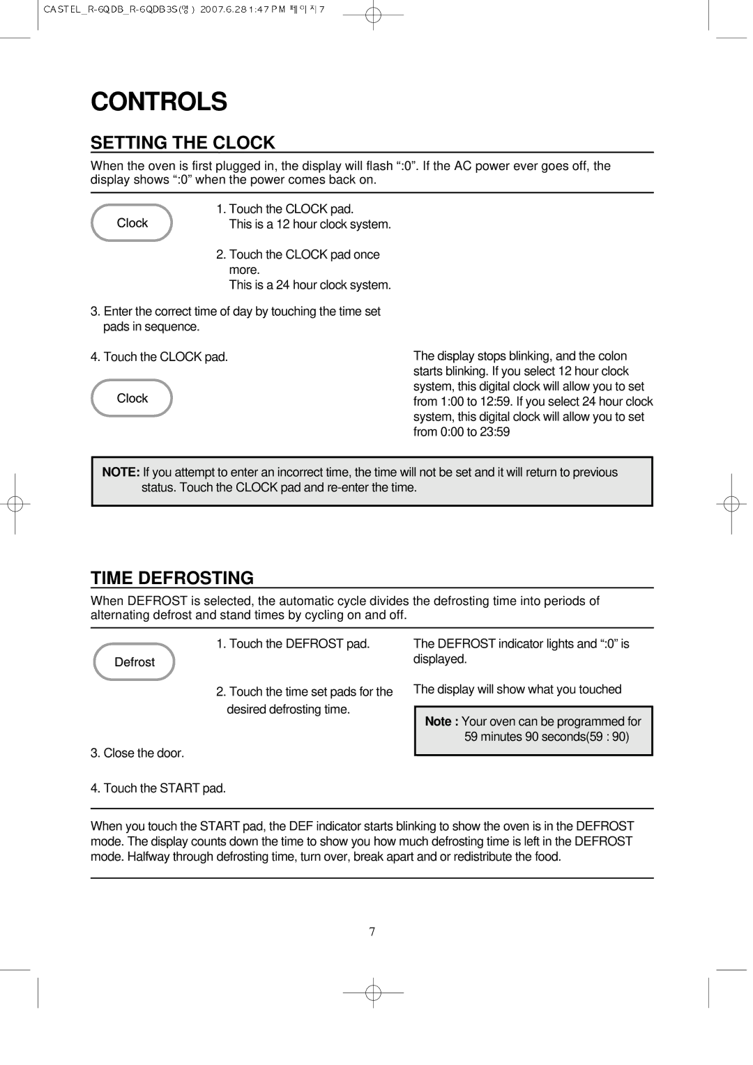Daewoo KOR-6QDB manual Controls, Setting the Clock, Time Defrosting 
