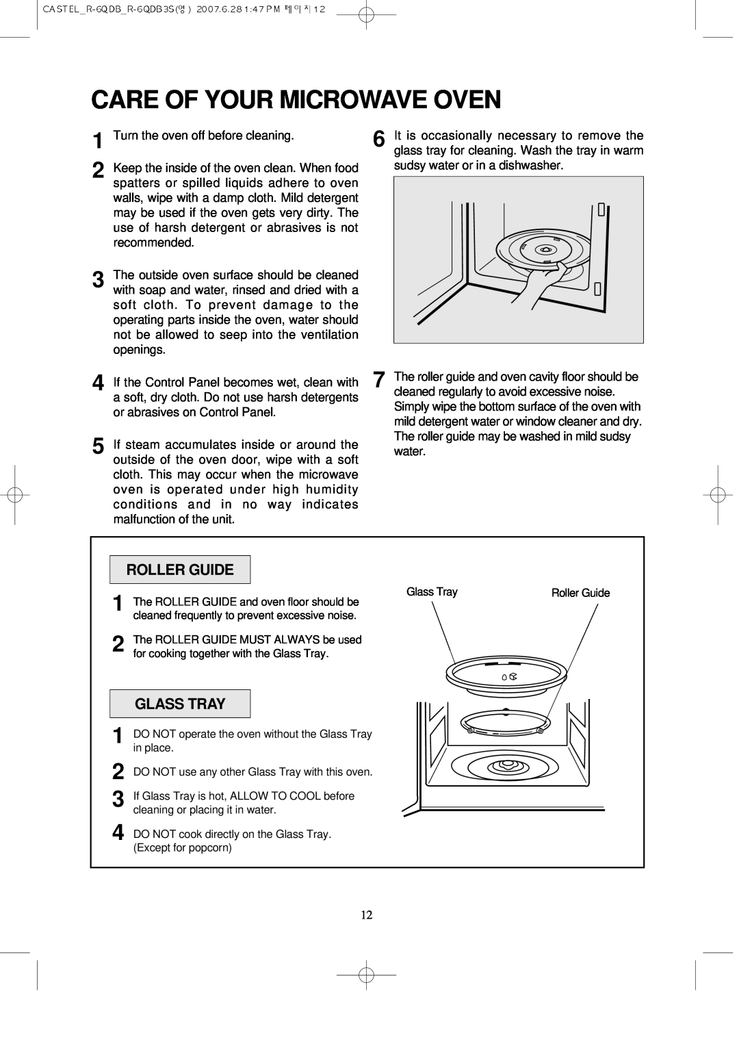 Daewoo KOR-6QDB manual Care Of Your Microwave Oven, Roller Guide, Glass Tray 