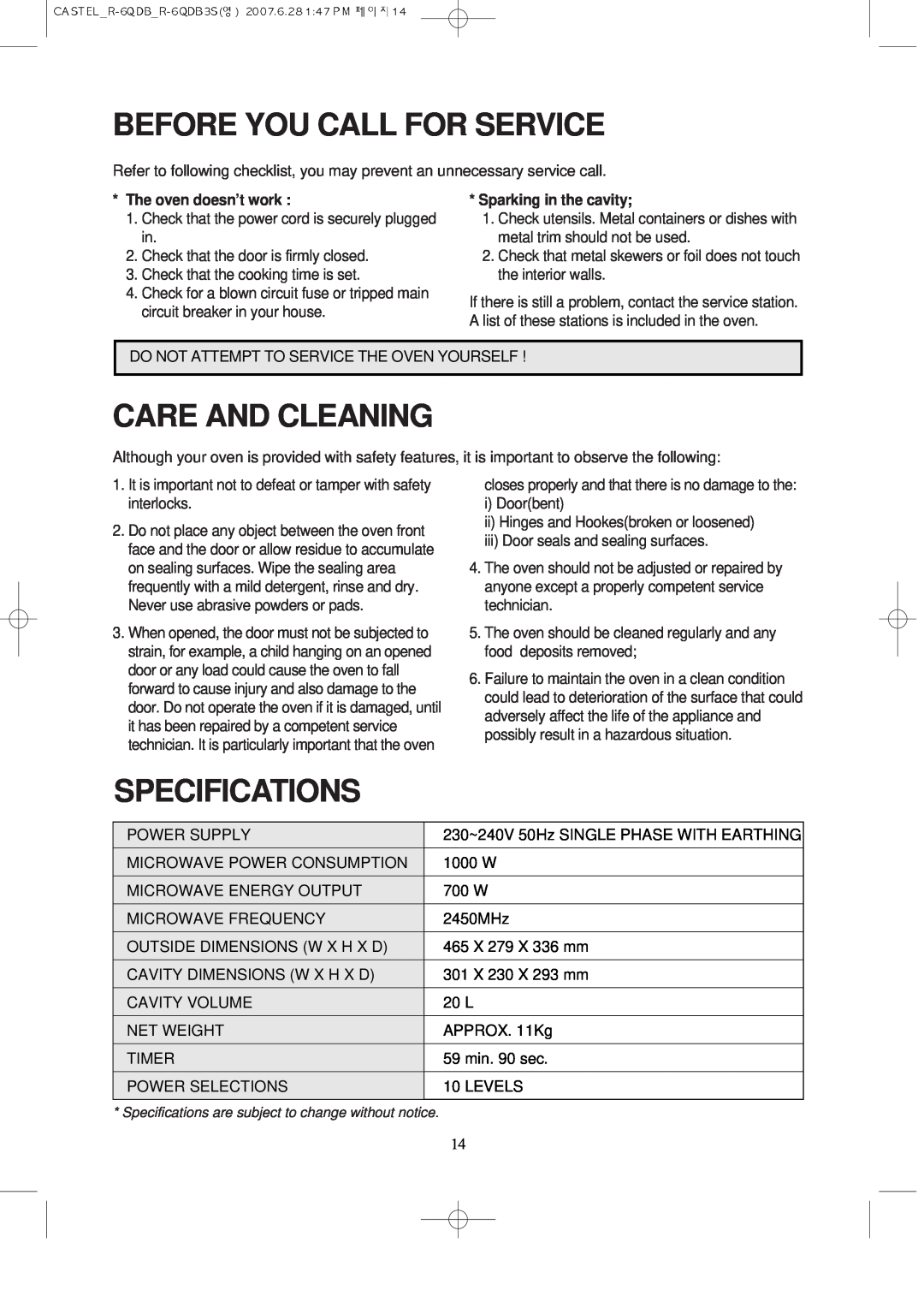 Daewoo KOR-6QDB manual Before You Call For Service, Care And Cleaning, Specifications, The oven doesn’t work 