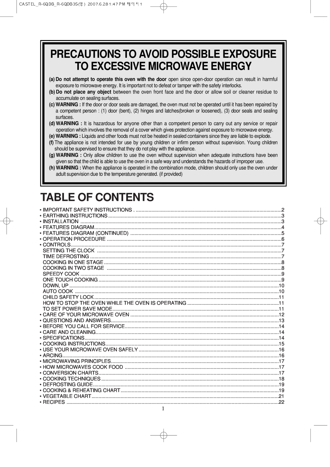 Daewoo KOR-6QDB manual Precautions To Avoid Possible Exposure To Excessive Microwave Energy, Table Of Contents 