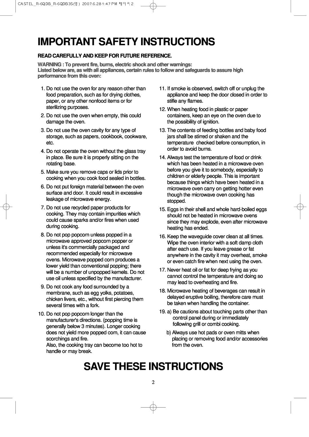 Daewoo KOR-6QDB manual Important Safety Instructions, Save These Instructions, Read Carefully And Keep For Future Reference 