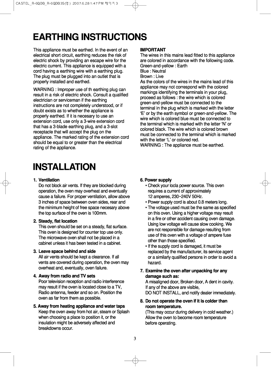 Daewoo KOR-6QDB manual Earthing Instructions, Installation, Ventilation, Steady, flat location, Leave space behind and side 