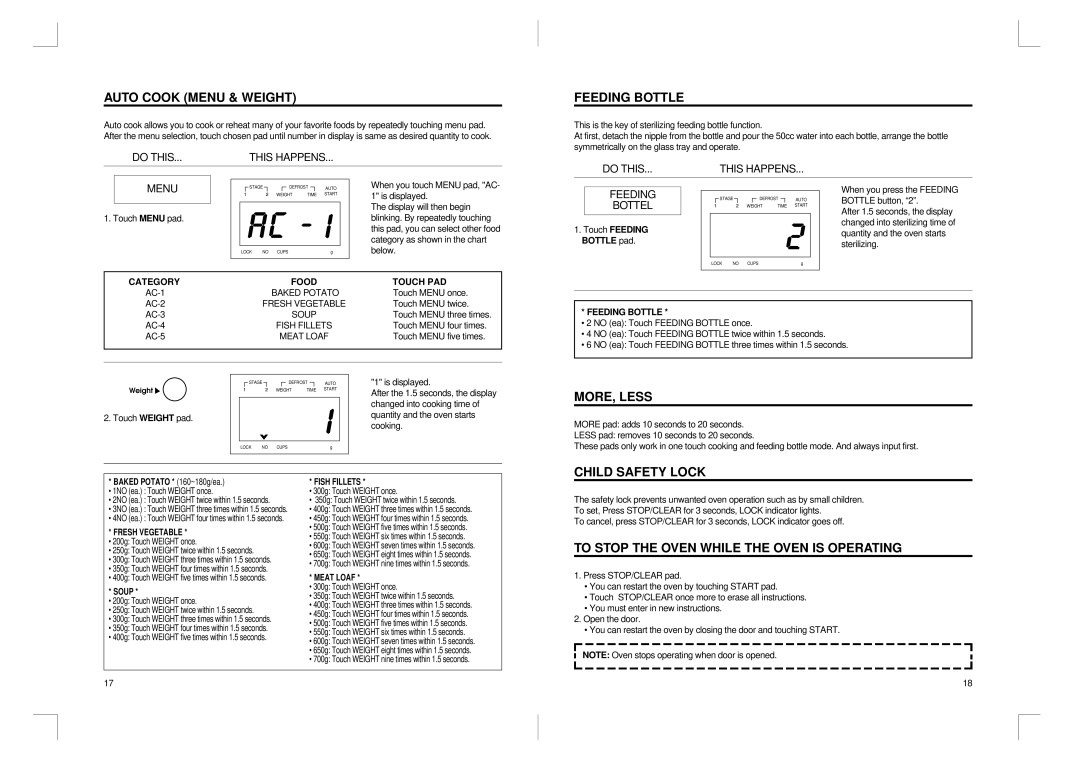 Daewoo KOR-810P manual Auto Cook Menu & Weight, Feeding Bottle, MORE, Less, Child Safety Lock 