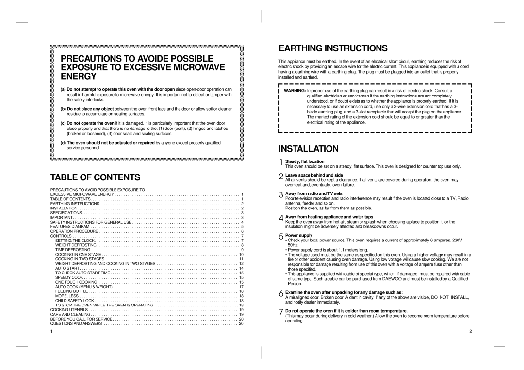 Daewoo KOR-810P manual Table of Contents, Earthing Instructions 