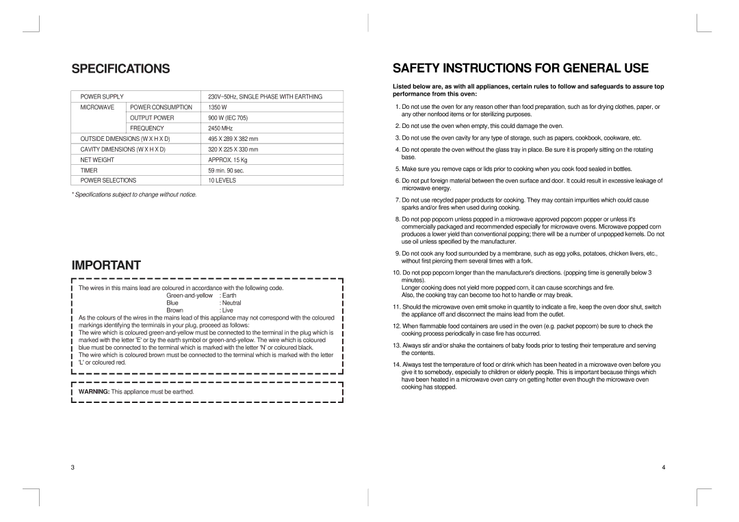 Daewoo KOR-810P manual Specifications, Safety Instructions for General USE 