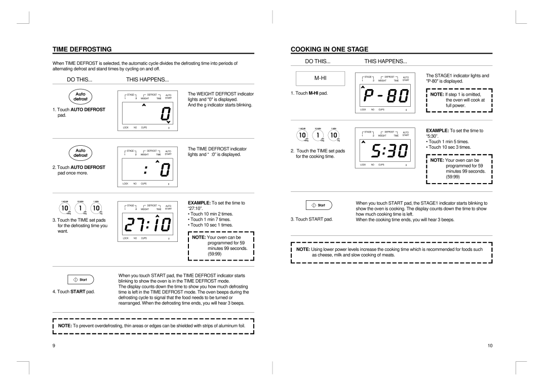 Daewoo KOR-810P manual Time Defrosting, Cooking in ONE Stage, Touch Auto Defrost pad once more 