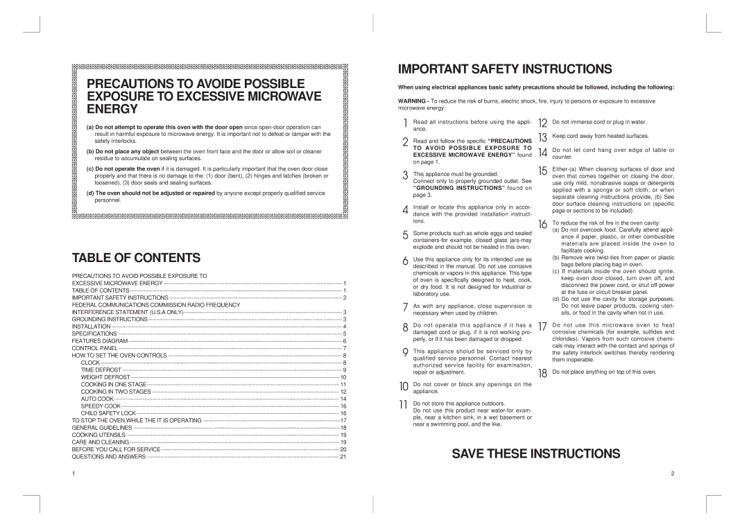 Daewoo KOR-816T0A manual Table of Contents 