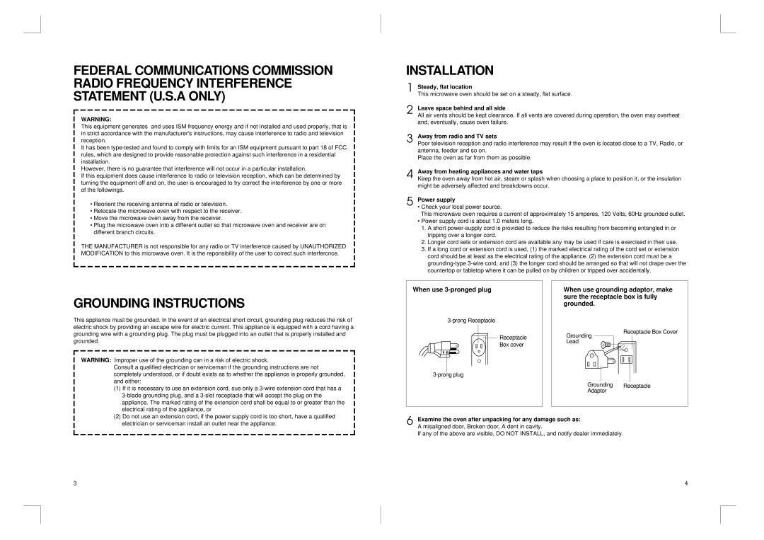 Daewoo KOR-816T0A manual Grounding Instructions, Installation 