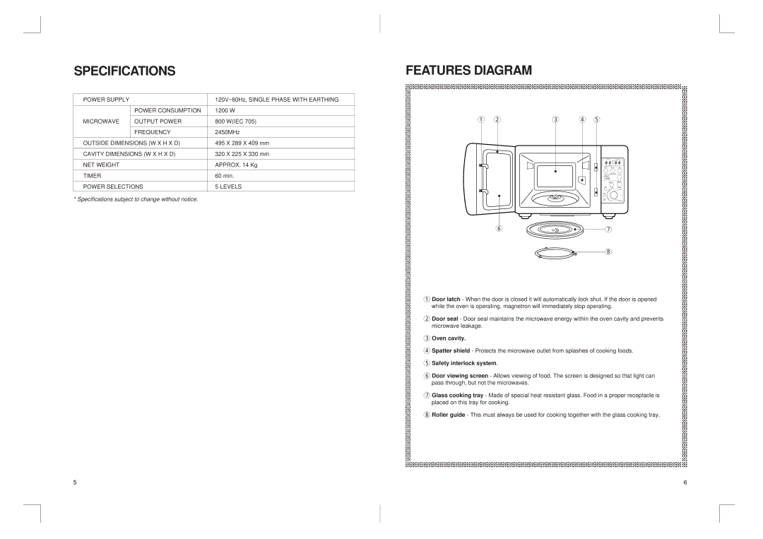 Daewoo KOR-816T0A manual Specifications, Features Diagram, Oven cavity, Safety interlock system 