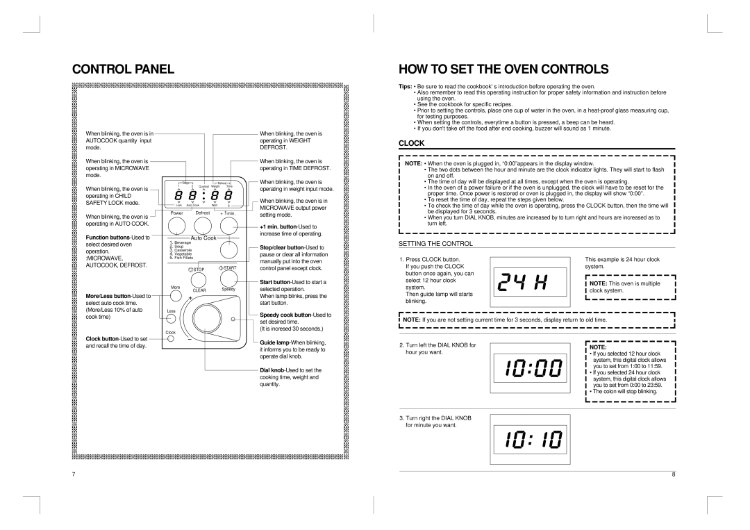 Daewoo KOR-816T0A manual Control Panel HOW to SET the Oven Controls, Clock 