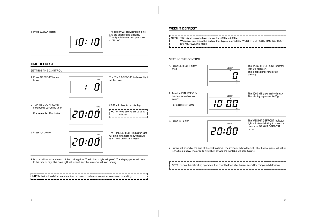 Daewoo KOR-816T0A manual Weight Defrost, Time Defrost, For example 20 minutes, For example 1000g 